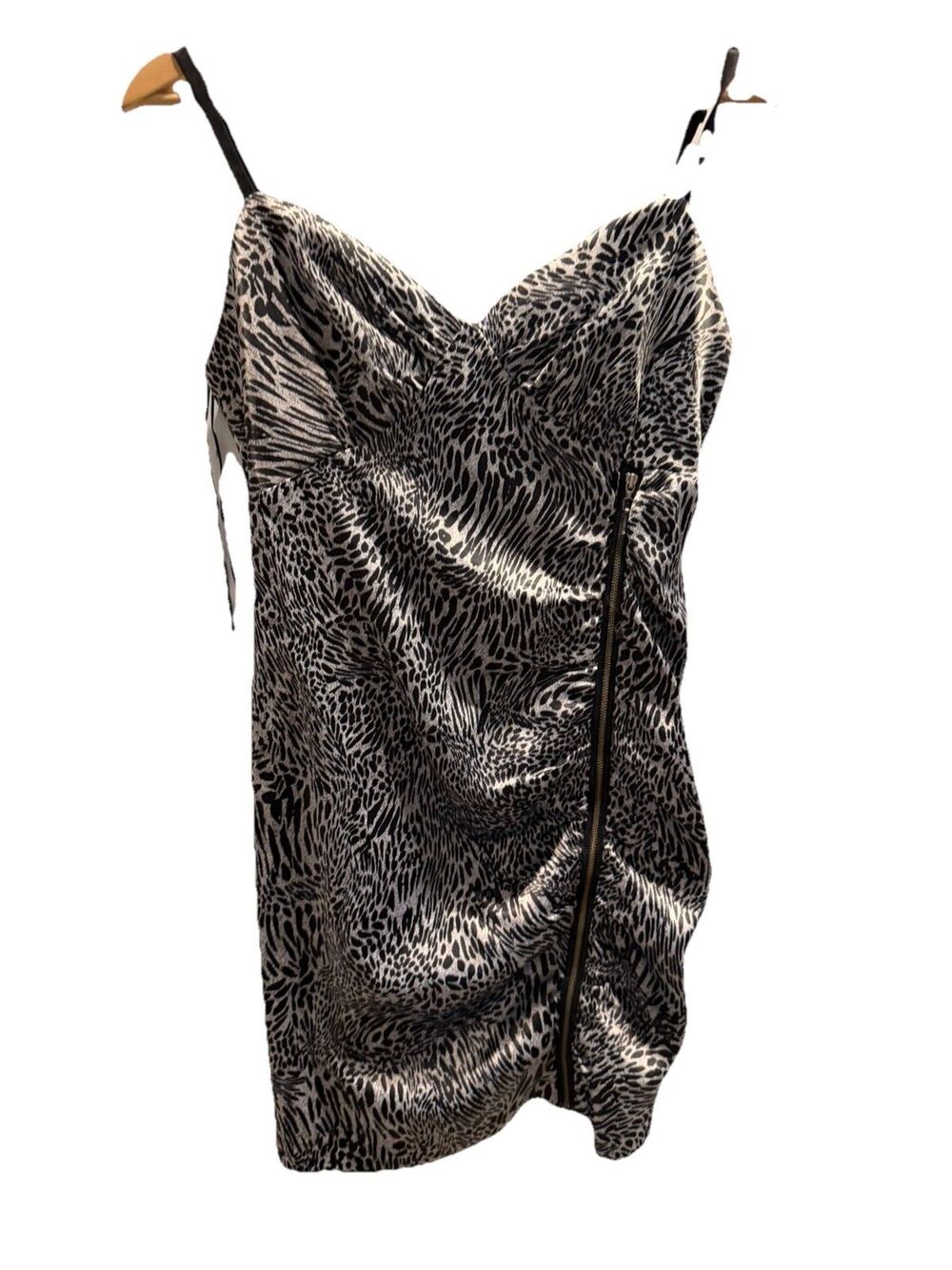 GUESS Black White Animal Print Satin Bodycon Dress Sleeveless Short Size 9 Y2K